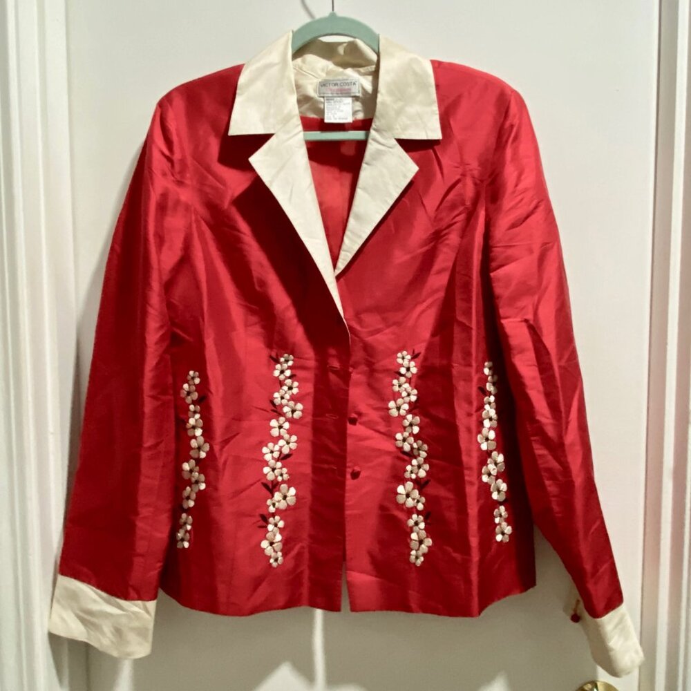 5) Victor Costa Red Silk Sakura Embroidery Asian Frog Buttons Party Blazer S